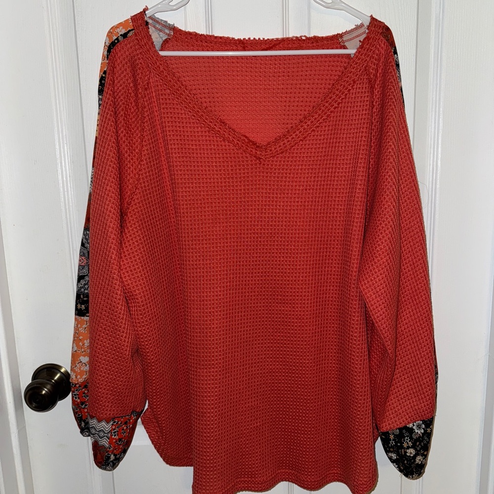Vibrant Red Relaxed Ribbed Long Sleeve Blouse